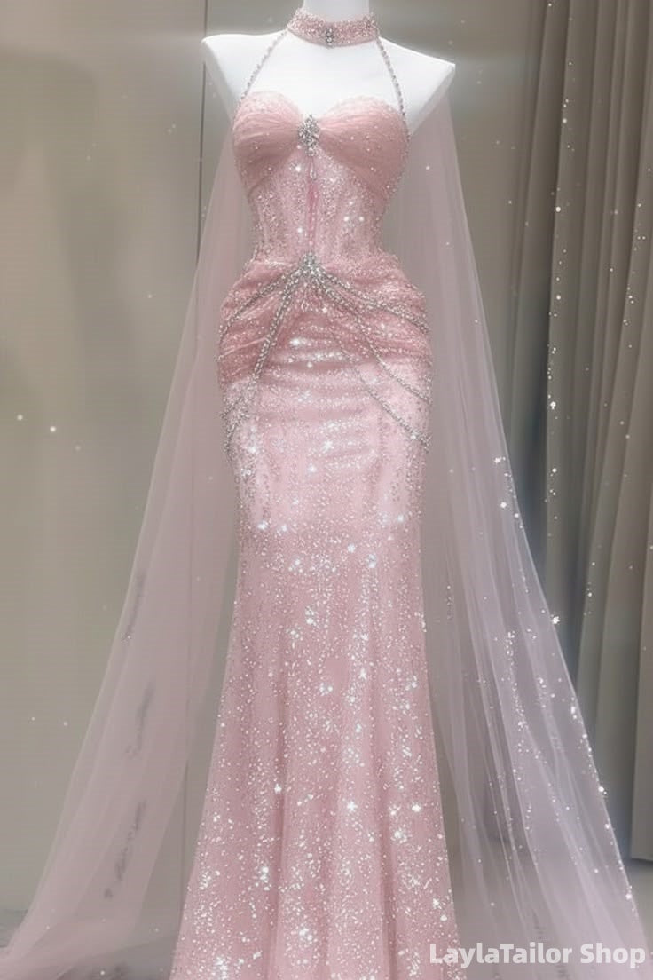 Sparkle Pink Halter Sequin Mermaid Prom Dress Beaded Formal Gown