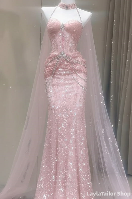 Sparkle Pink Halter Sequin Mermaid Prom Dress Beaded Formal Gown