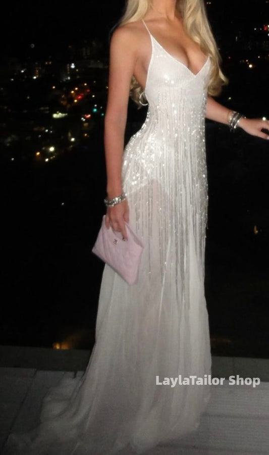 Sparkle White V-neck Mermaid Prom Dresses Sexy Party DressLTP3612
