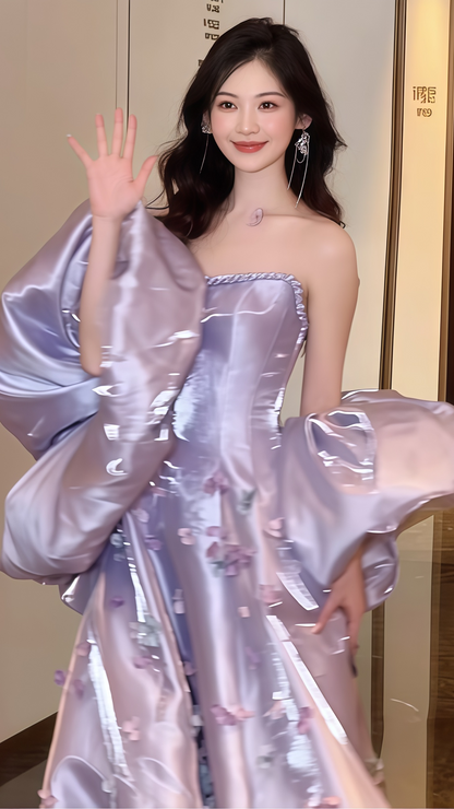 Sparkle Lilac Flowy Prom Dresses, Strapless A-Line Evening Gown, LTP3561