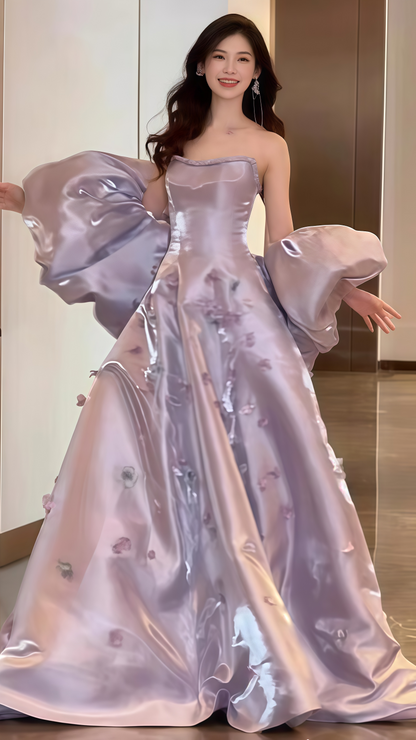 Sparkle Lilac Flowy Prom Dresses, Strapless A-Line Evening Gown, LTP3561