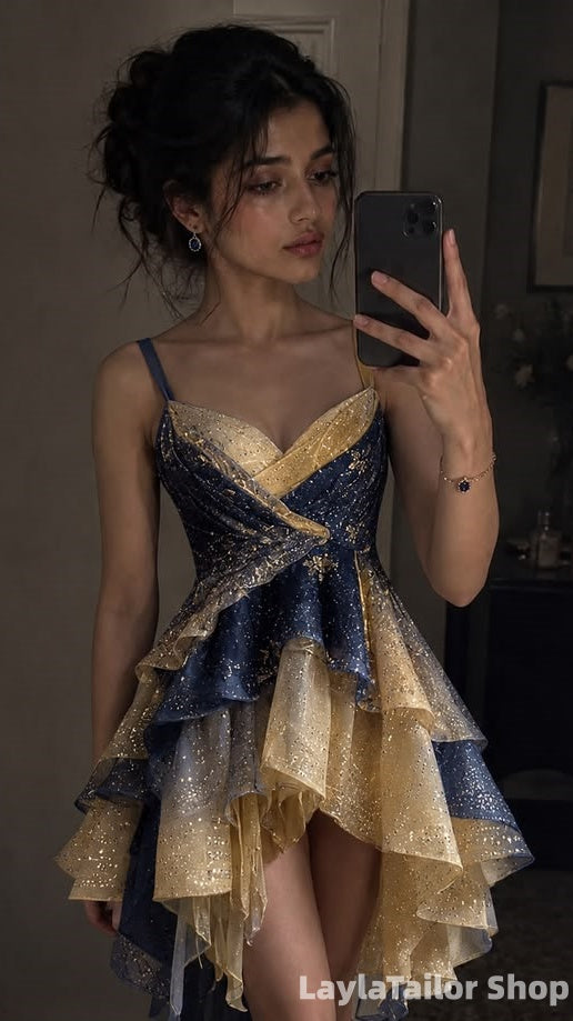 Sparkle Yellow Blue Tiered Spaghetti Straps Homecoming Dresses LTP82655