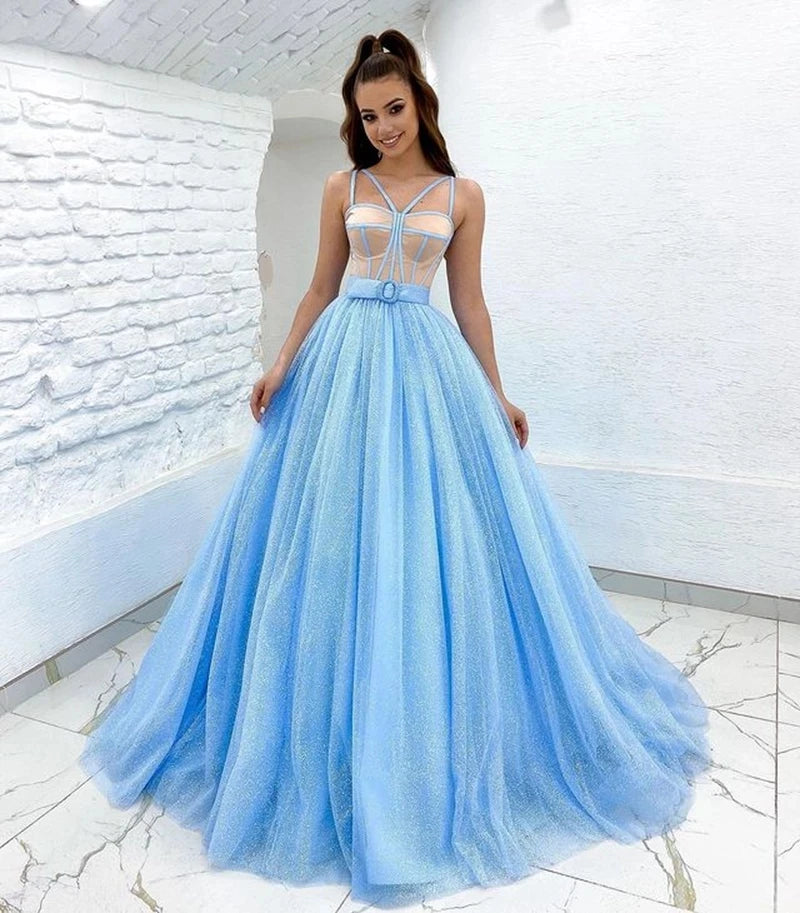 Glitter Light Blue Prom Dresses