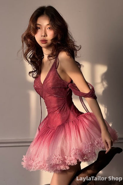 Sparkly Red Pink Gradient Color Short Homecoming Dresses