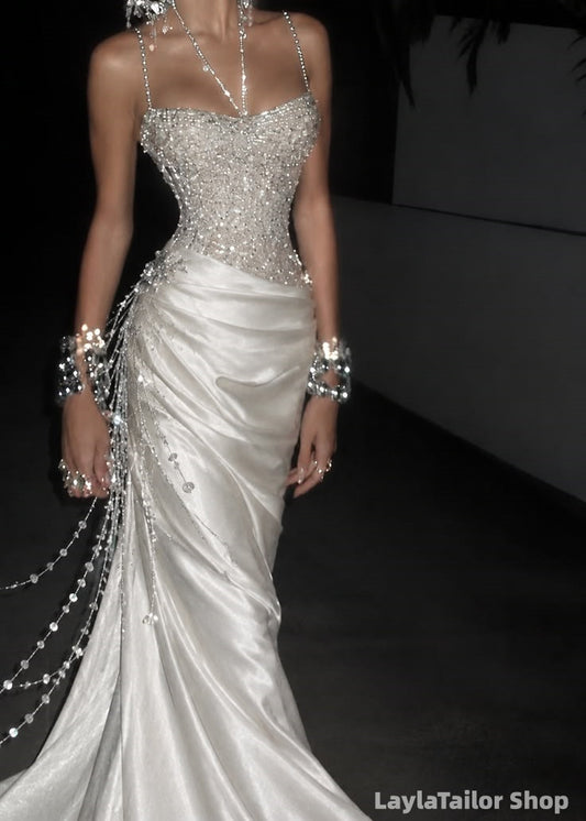 Sparkly White Mermaid Prom Dresses Luxury Beaded Night Dance Dress, LTP82814