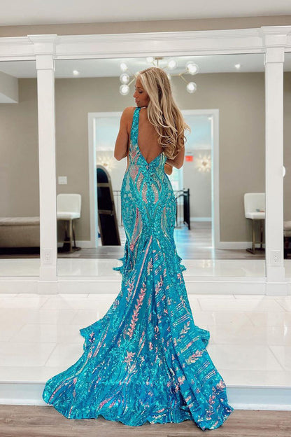 Pretty Fuchsia Sequin Lace V Neck Mermaid Long Prom Dresses