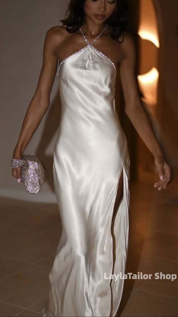 Sparkly Open Back Halter Beaded Sexy Party Dress With Slit,LTP3623