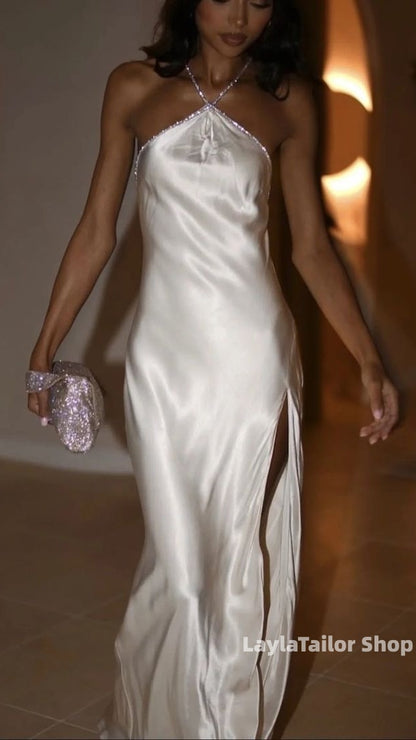 Sparkly Open Back Halter Beaded Sexy Party Dress With Slit,LTP3623