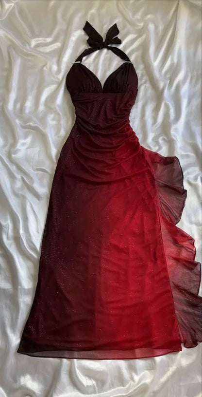 Special Gradient Color Burgundy Prom Dress, Tie Halter Date/Birthday Party Dress