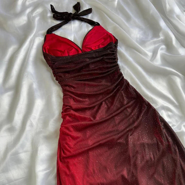 Special Gradient Color Burgundy Prom Dress, Tie Halter Date/Birthday Party Dress