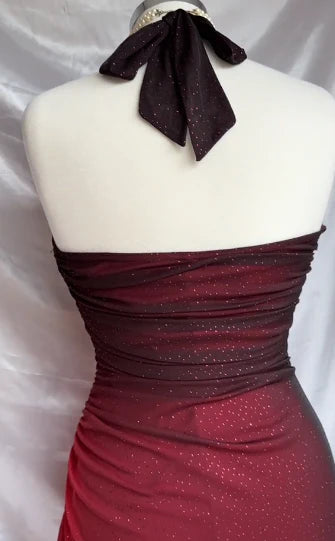 Special Gradient Color Burgundy Prom Dress, Tie Halter Date/Birthday Party Dress