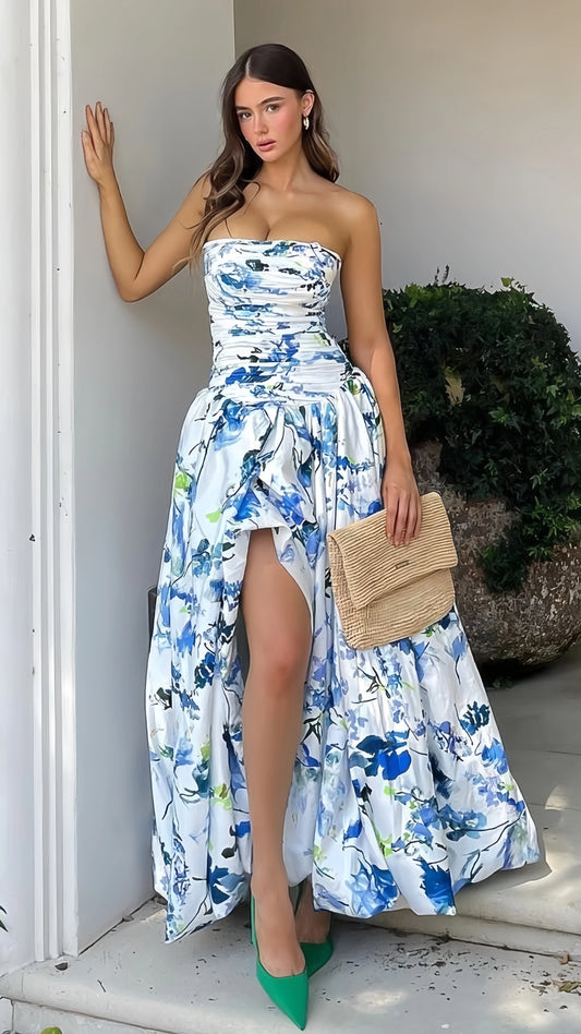 Spring Floral Strapless Prom Dresses Split Evening Party Dress,LTP4179