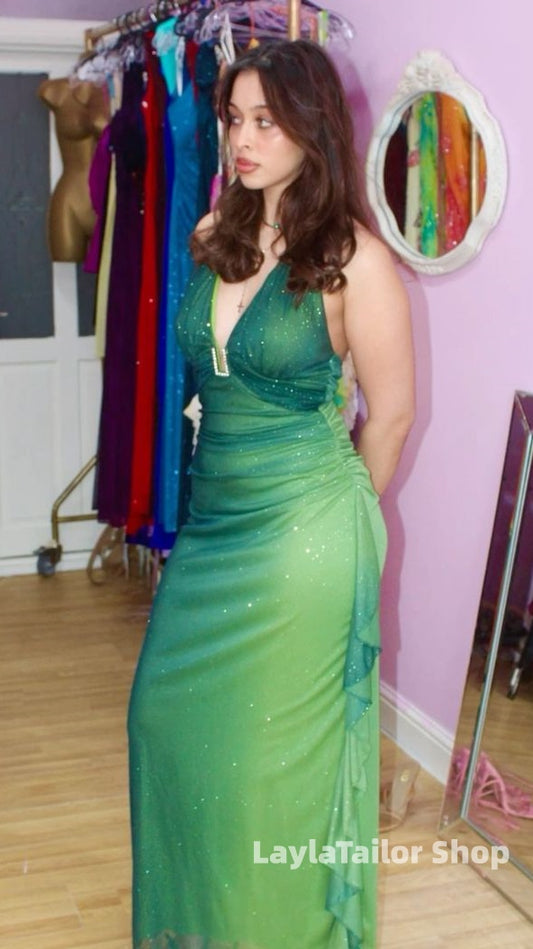 Spring Green Halter Prom Dresses Glitter Ruffle Formal Dress,LTP3651