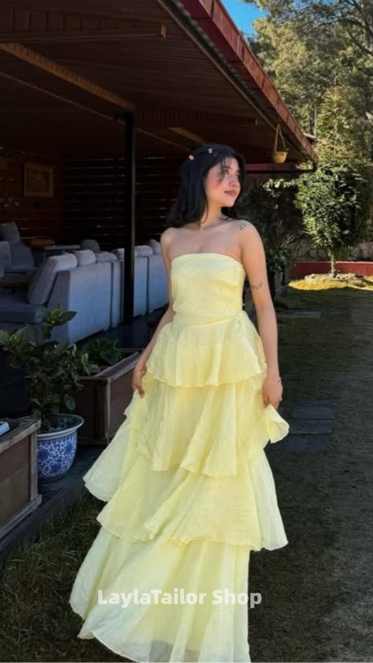 Spring Casual Yellow Strapless Ruffle Party Dresses,LTP4484