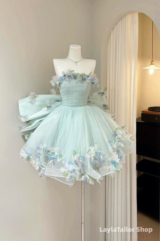 Spring Floral Strapless Tulle Homecoming Dresses With Bowknot