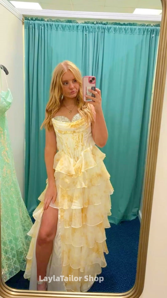 Spring Yellow Floral Beaded Ruffle Prom Dress,LTP4483