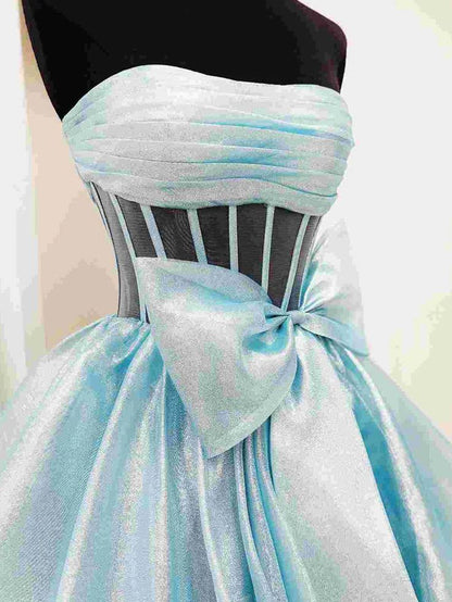 Strapless A-Line Organza Ruffle Prom Dress, Sleeveless Bowknot Evening Gown, LTP3721