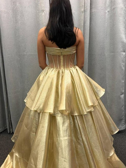 Strapless A-Line Organza Ruffle Prom Dress, Sleeveless Bowknot Evening Gown, LTP3721