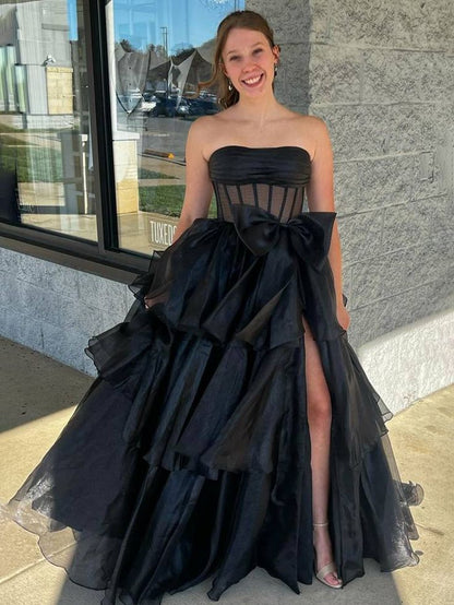 Strapless A-Line Organza Ruffle Prom Dress, Sleeveless Bowknot Evening Gown, LTP3721
