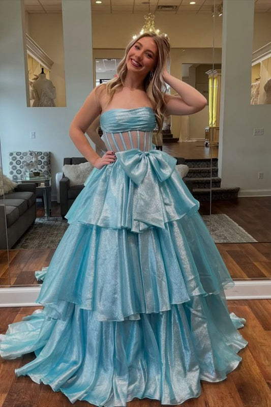 Strapless A-Line Organza Ruffle Prom Dress, Sleeveless Bowknot Evening Gown, LTP3721