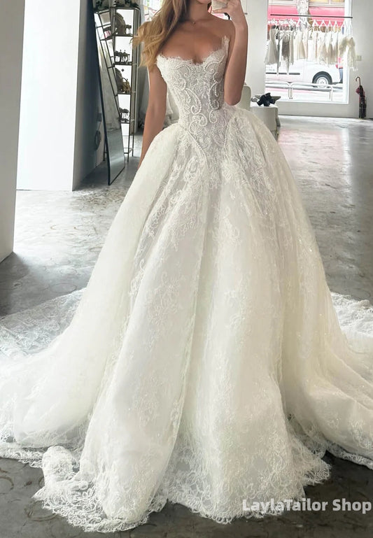 Strapless A-line Lace Pearl Beaded Wedding Gown Sleeveless Bridal Dress,LTP3687