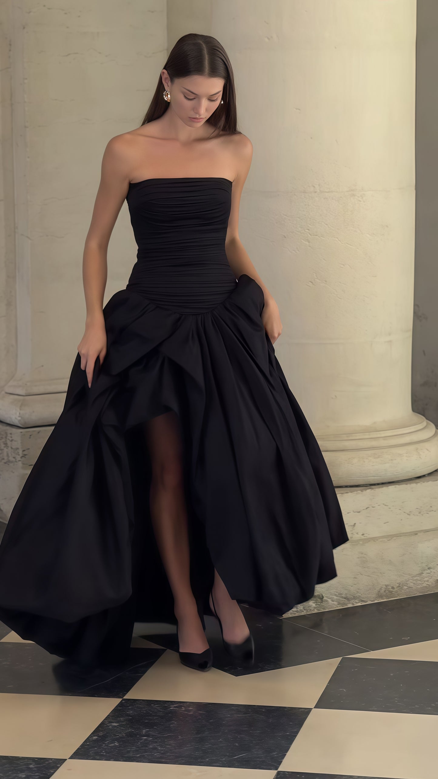 Strapless Black Pleated A-Line Prom Dress With Side Slit,LTP3542