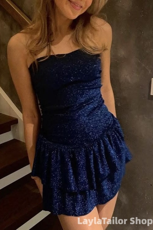 Strapless Blue Mini Homecoming Dresses Ruffle Party Dress