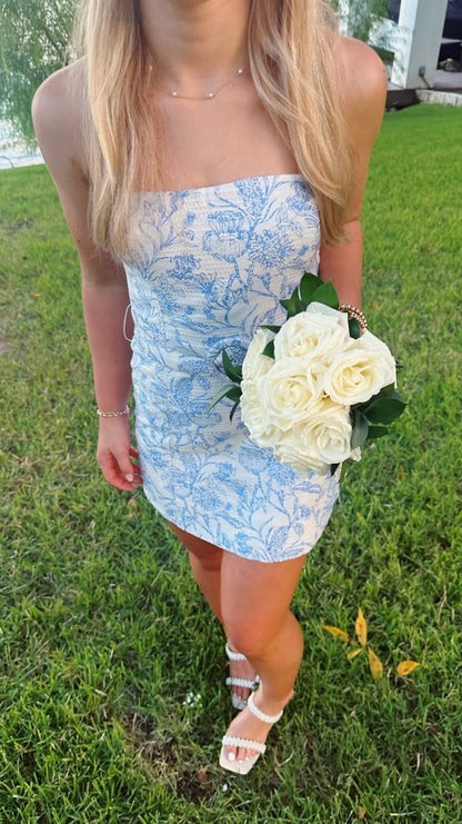 Strapless Bodycon Floral Dress, Girl Short Homecoming Dress, Birthday Dress, LTP3709