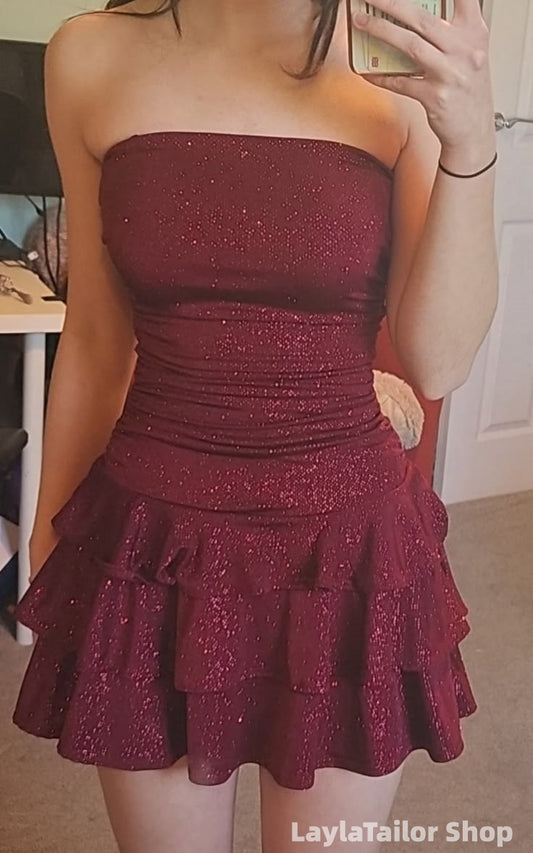 Strapless Burgundy Ruffle Homecoming Dresses Mini Party Gown