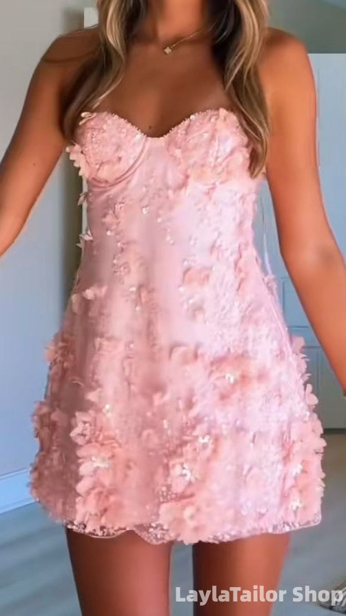 Strapless Floral Homecoming Dresses Sweetheart Mini Party Dress