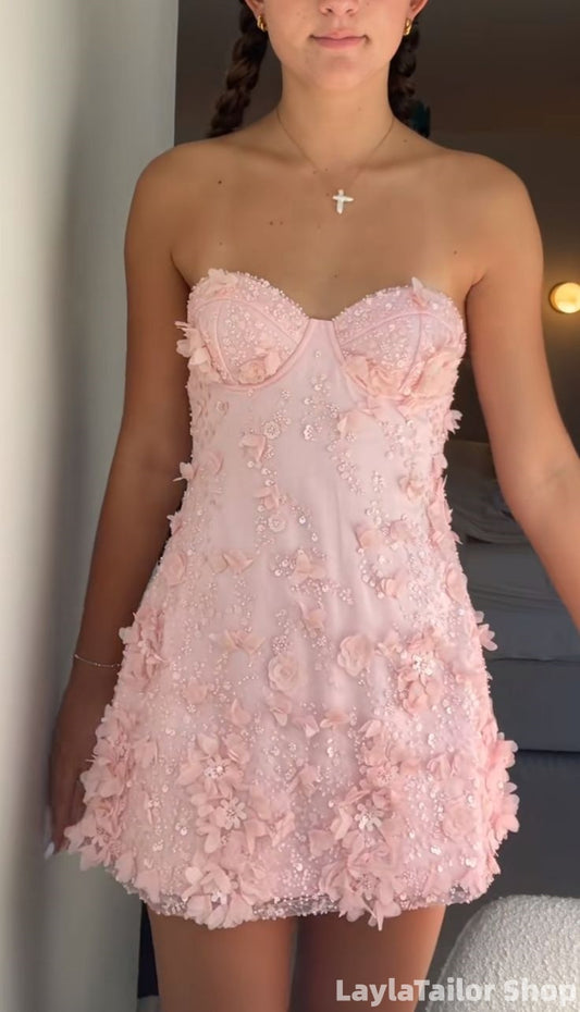 Strapless Floral Homecoming Dresses Sweetheart Mini Party Dress