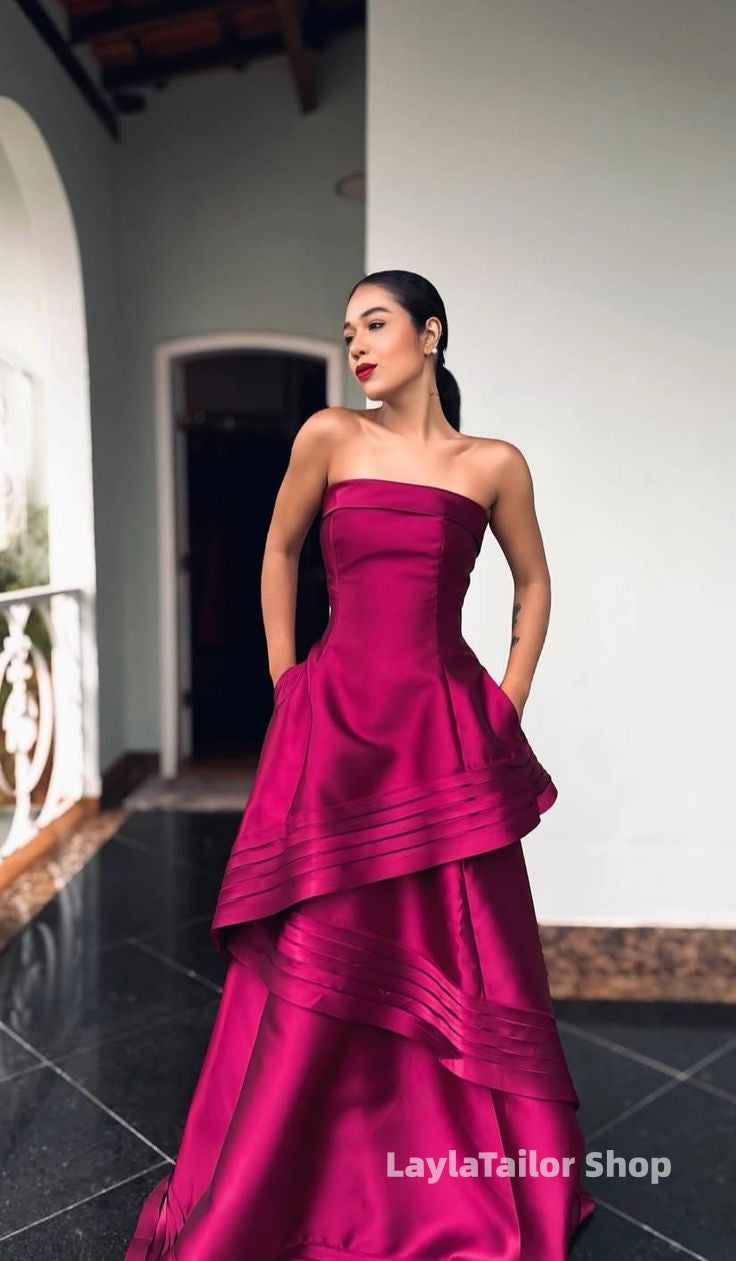 Strapless Fuchsia A-line Ruffle Prom Dresses,LTP4566