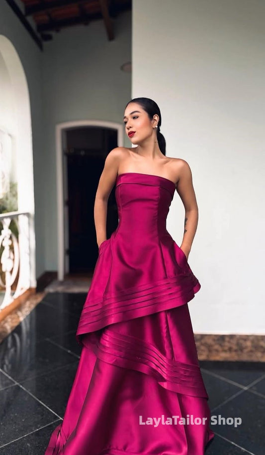 Strapless Fuchsia A-line Ruffle Prom Dresses,LTP4566