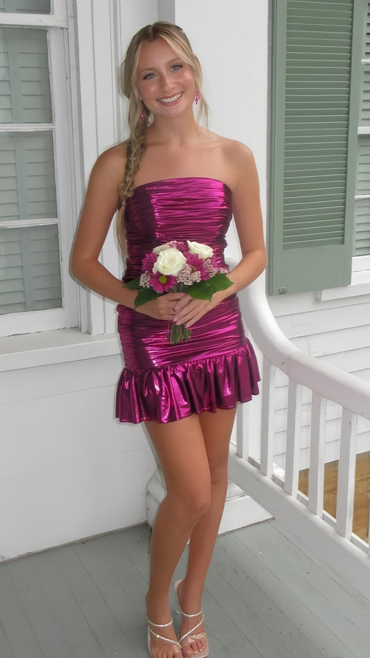 Strapless Fuchsia Pleated Homecoming Dresses Mini Prom Dresses, LTP3944
