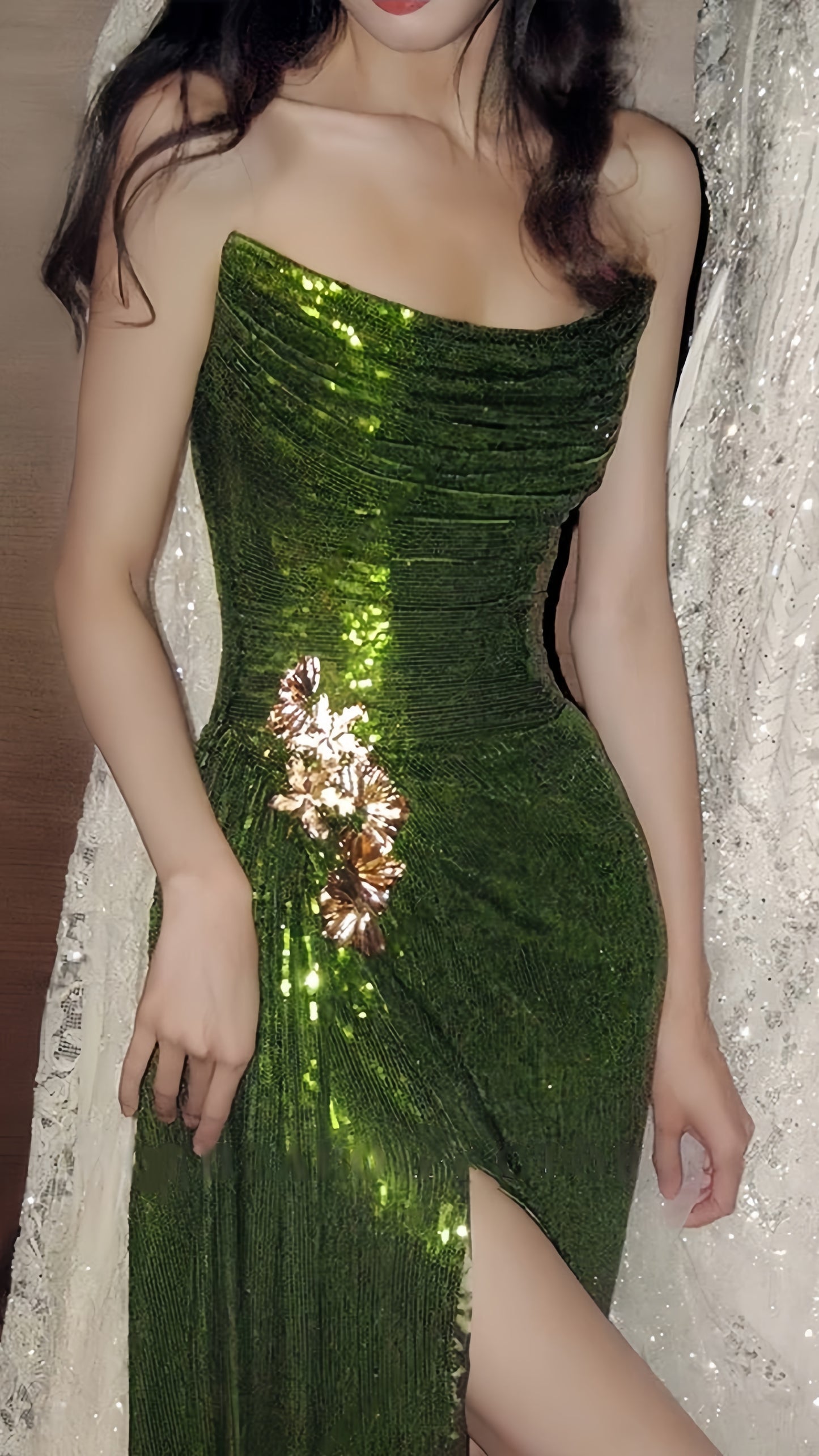 Strapless Green Sequin Prom Dress With Split, LTP3503