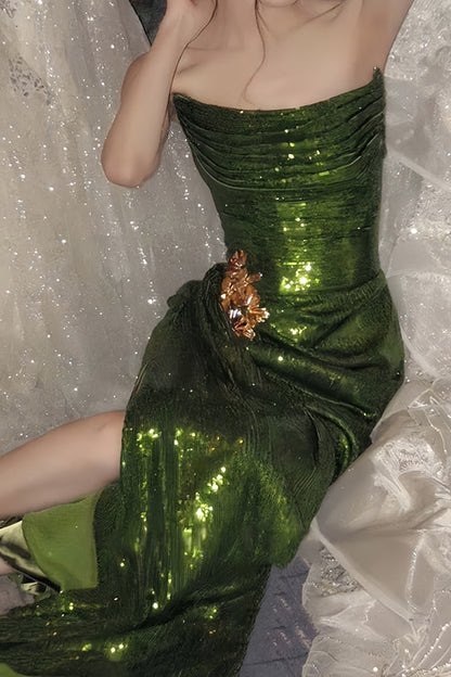 Strapless Green Sequin Prom Dress With Split, LTP3503