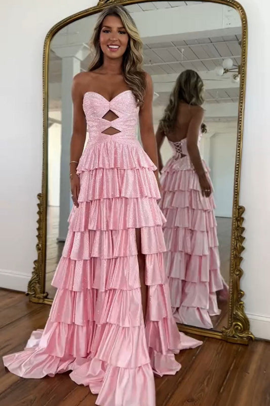 Strapless Hot A-Line Prom Dress with Keyhole Bodice Ruffle Skirt Slit and Lace Up Back
