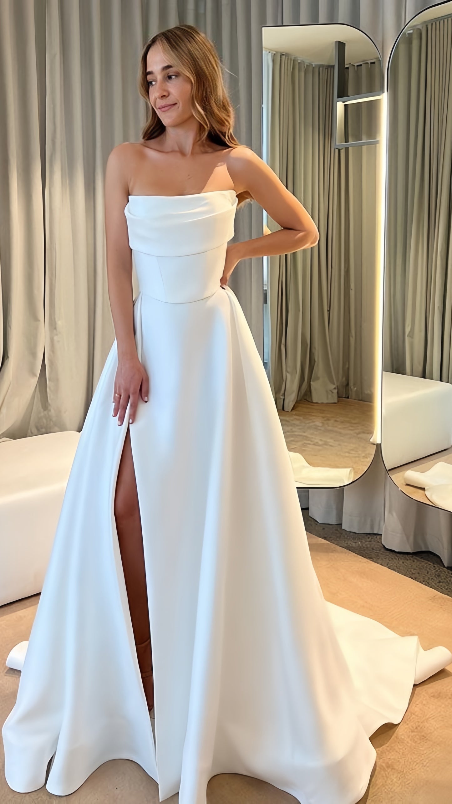 Strapless Ivory Wedding Dresses Slit Sleeveless Bridal Dress,LTP3812