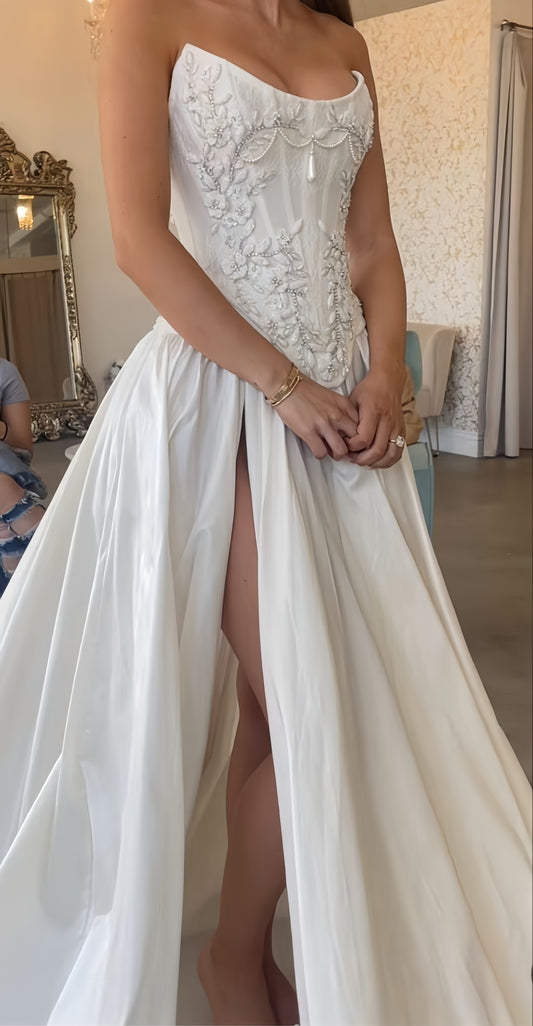Strapless Lace Satin White Vintage Wedding Dress, LTP3413