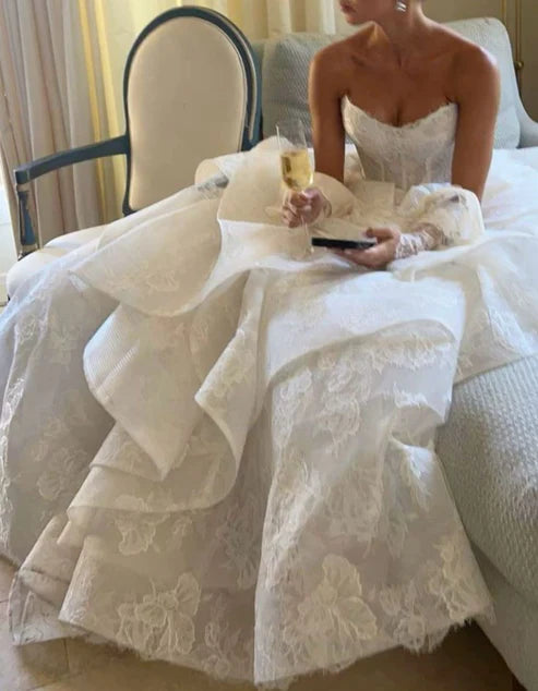 Strapless Lace Wedding Ball Gown Ruffle Bridal Dresses,LTP4361