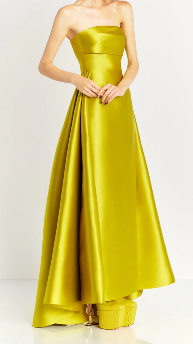 Strapless Lemon Yellow Satin Party Dress, Long Prom Dresses For Women, LTP3462