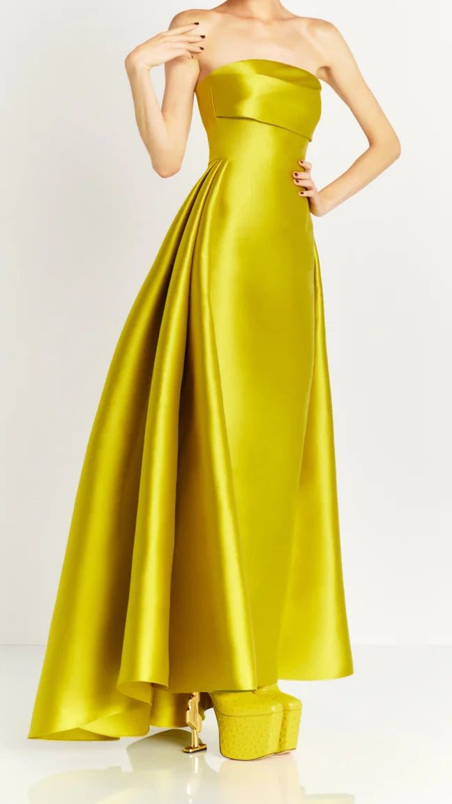 Strapless Lemon Yellow Satin Party Dress, Long Prom Dresses For Women, LTP3462