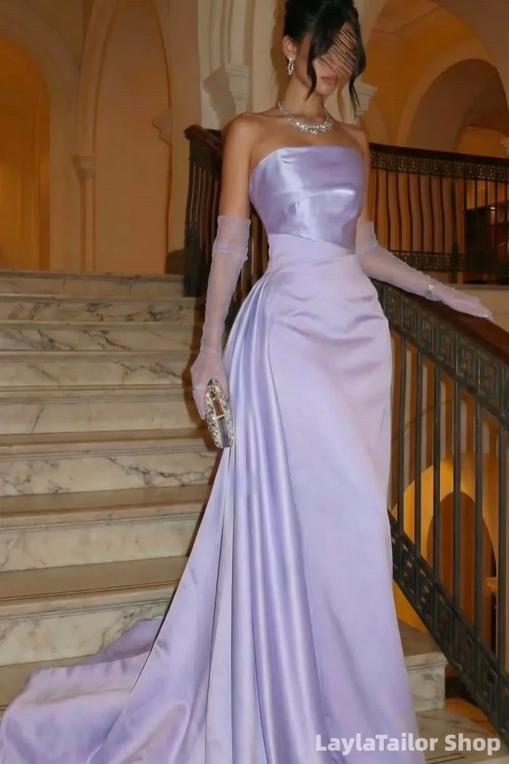 Strapless Lilac Mermaid Satin Long Prom Dresses LTP82760