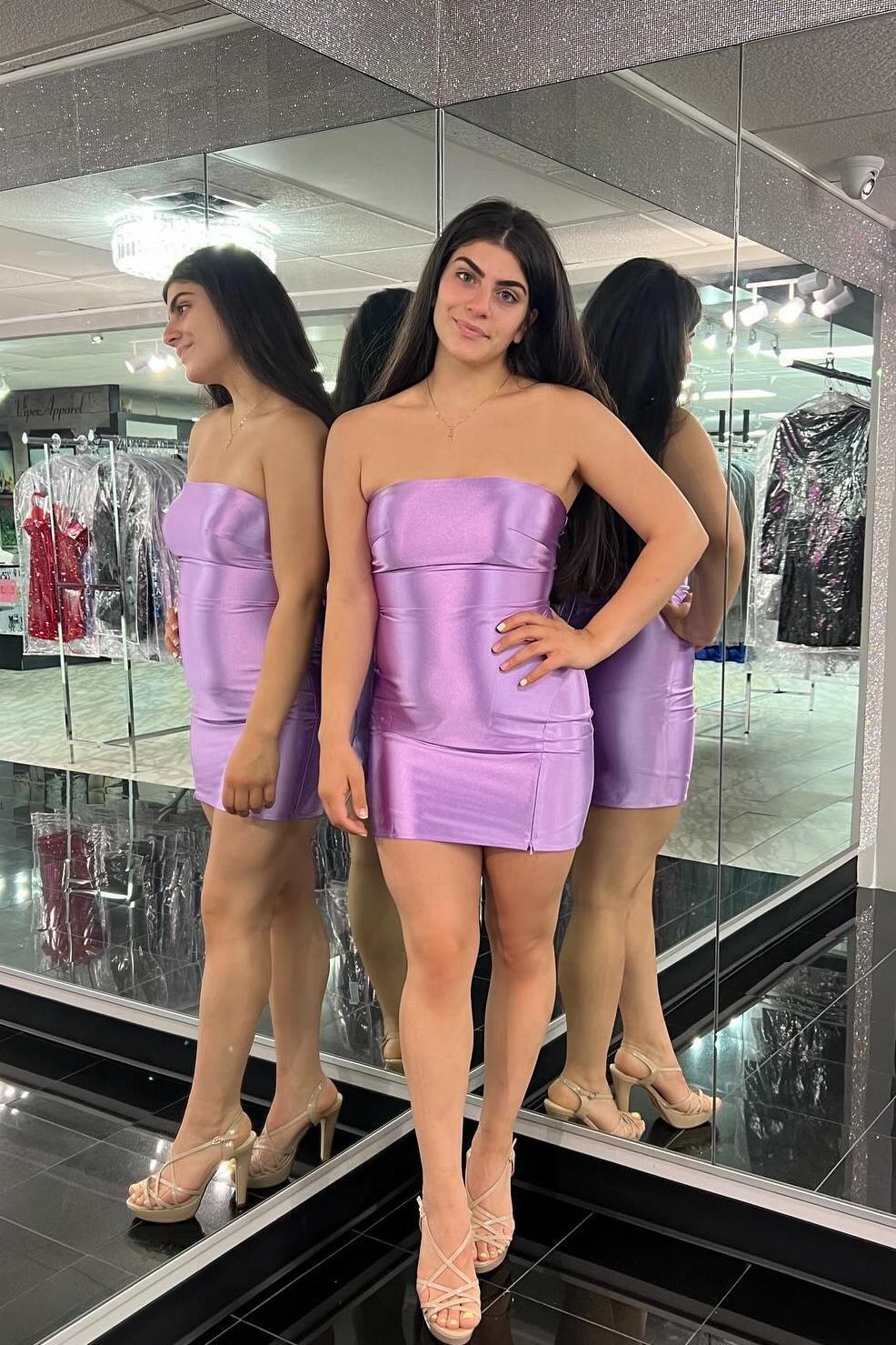 Strapless Lilac Satin Homecoming Dresses Tight Sleeveless Graduation Dress, LTP3265