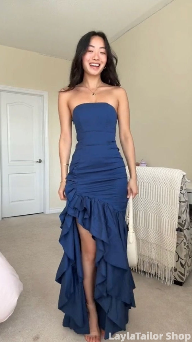 Strapless Mermaid Burgundy/Blue Ruffle Formal Party Dress LTP82600