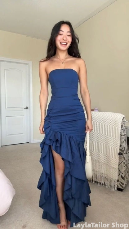 Strapless Mermaid Burgundy/Blue Ruffle Formal Party Dress LTP82600