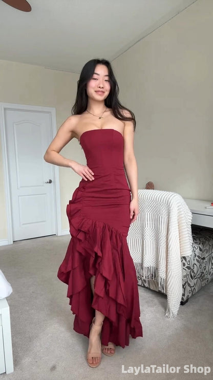 Strapless Mermaid Burgundy/Blue Ruffle Formal Party Dress LTP82600