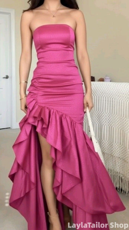 Strapless Mermaid Burgundy/Blue Ruffle Formal Party Dress LTP82600
