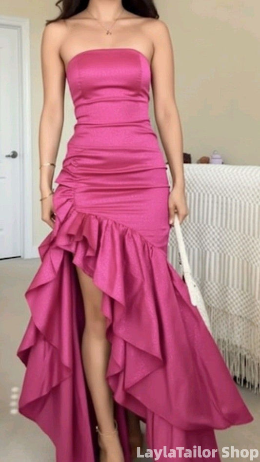 Strapless Mermaid Burgundy/Blue Ruffle Formal Party Dress LTP82600
