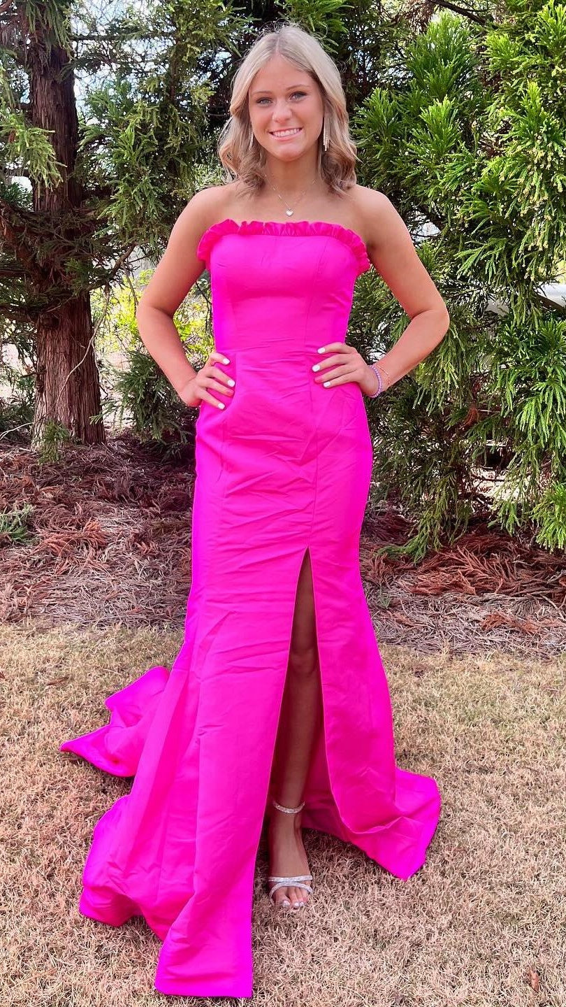 Strapless Mermaid Satin Prom Dresses Long Evening Party Dress With Slit,LTP4106